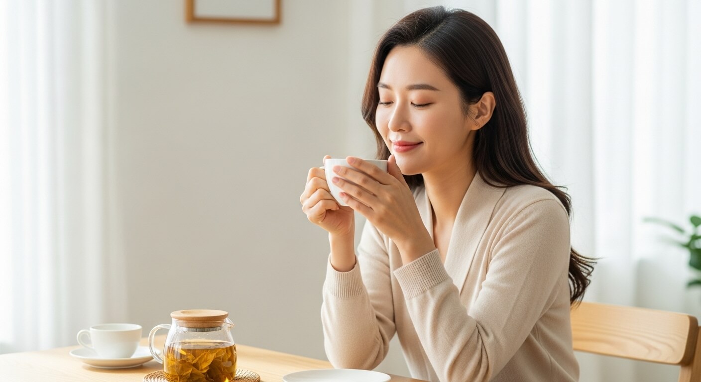 밝은 실내 공간에서 바나바잎 차를 두 손으로 감싸 쥔 한국인 여성이 미소를 지으며 차향을 음미하는 모습.