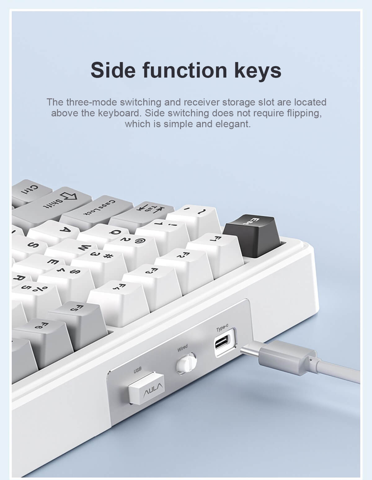F87 기계식 키보드의 측면 버튼과 USB-C 연결 포트를 보여주는 클로즈업 이미지. 우아한 디자인과 실용적인 기능성을 강조