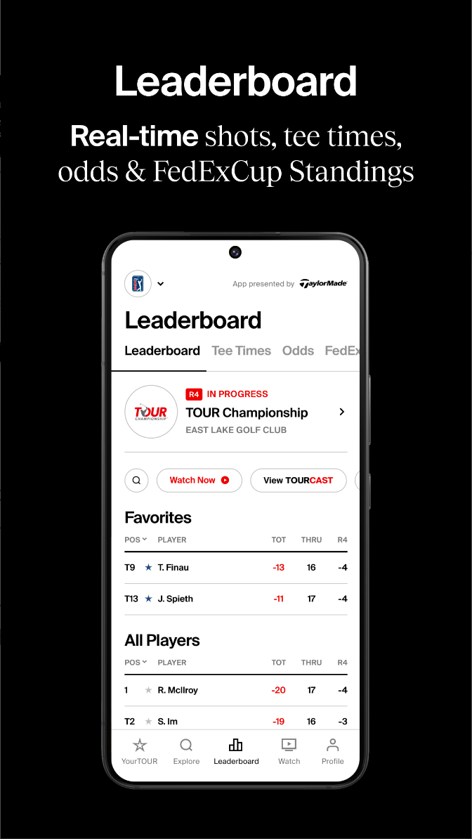 PGA TOUR, PGA투어, 실시간 경기 중계, 선수 정보 및 통계, PGA 투어 챔피언, Korn 페리 투어, 매켄지 투어, PGA 투어 라틴 아메리카 및 PGA 투어 중국
