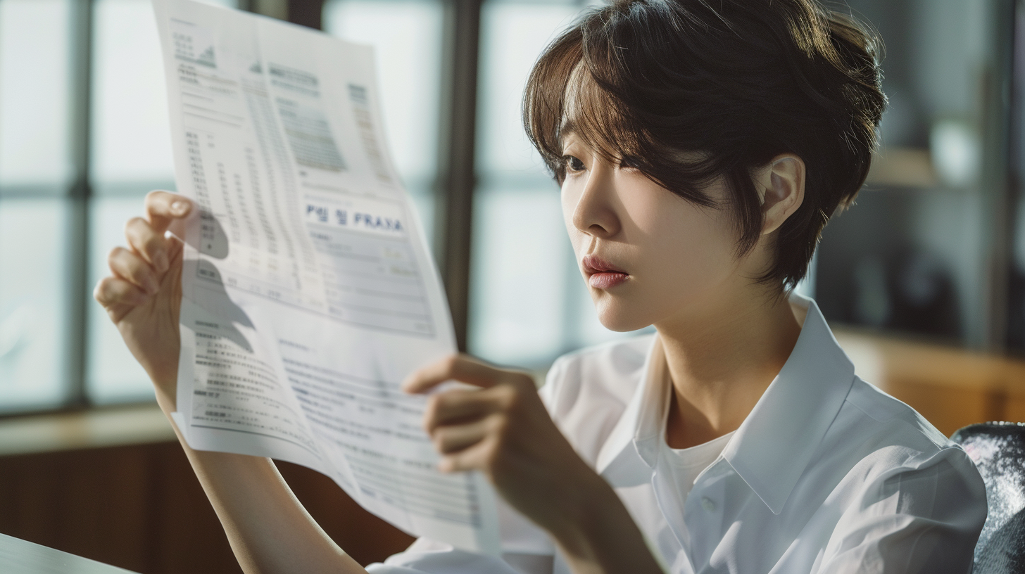 명세서를 들고 꼼꼼히 들여다보는 장면