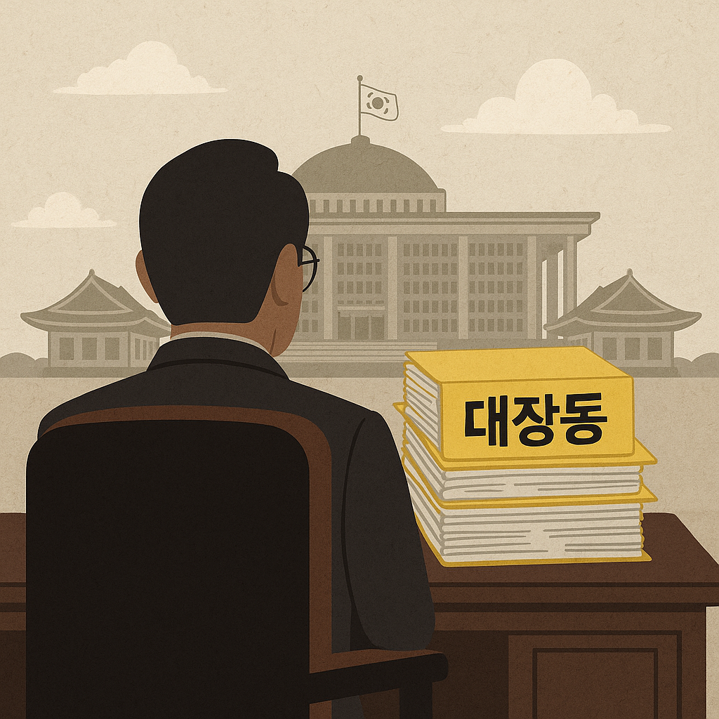 대통령 책상 뒤에 놓인 &lsquo;대장동&rsquo; 파일 더미 일러스트