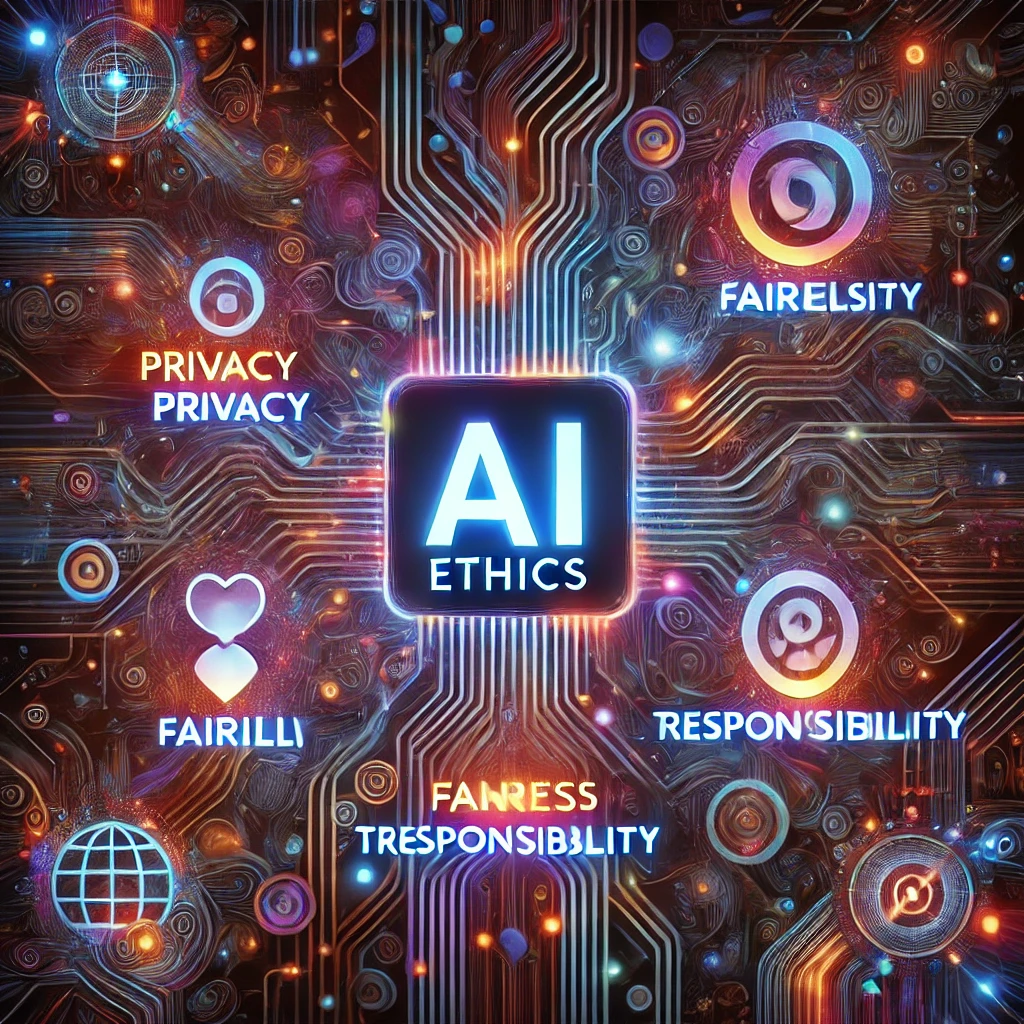 미래적이고 추상적인 스타일의 일러스트로, 네온 빛이 나는 AI 회로가 개인정보 보호, 공정성, 책임성, 투명성을 상징하는 아이콘들과 복잡하게 얽혀 있어 AI 윤리의 복잡성과 중요성을 강조한다