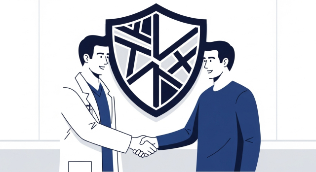 안전한 발기부전 치료를 상징하는 의사와 환자 일러스트