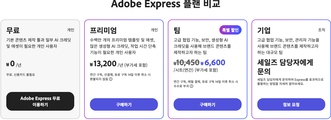Adobe Express 플랜 가격