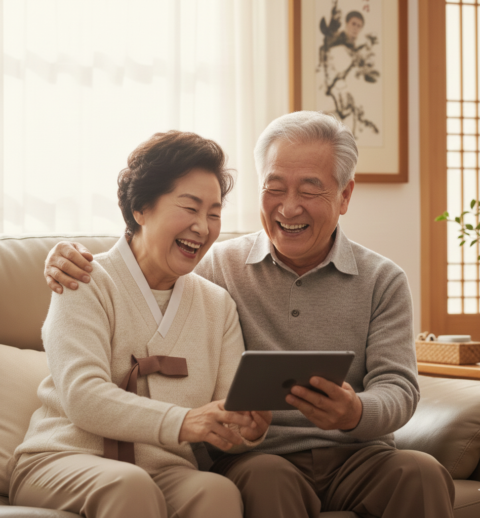 2026년 기초연금 정보를 태블릿으로 확인하며 웃고 있는 노년 부부 모습