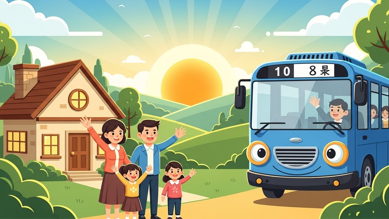 정부의 교통비 지원 정책이 우리 가족의 매일매일 이동을 더 행복하게 만들어주는 모습의 상징 그래픽