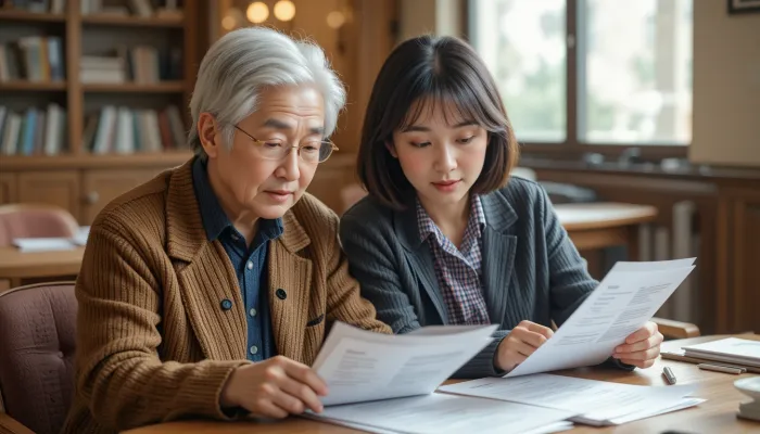 공공 서비스 신청서를 함께 살펴보는 노인과 보호자의 모습