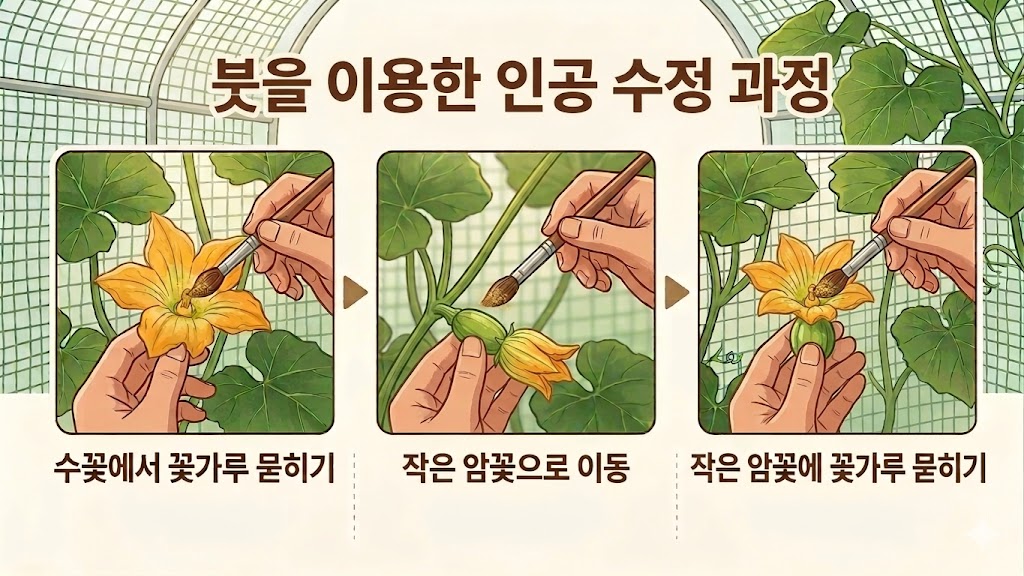 인공 수정을 위해 수꽃을 따서 암꽃에 문질러 주는 모습이 담긴 인포그래픽