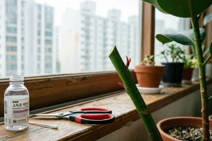 햇살이 비치는 창가 선반 위, 소독용 에탄올과 가위가 놓여 있고 가지치기를 마친 고무나무 줄기 마디에서 붉은 새순 2개가 돋아나고 있는 모습