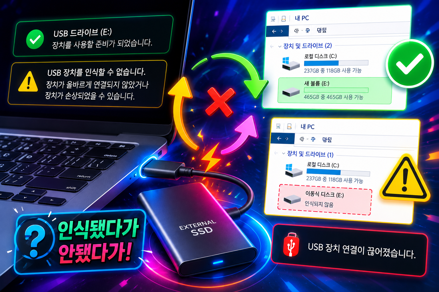 외장SSD 연결끊김 인식됐다 안됐다 해결방법 총정리 USB포트 접촉불량 원인