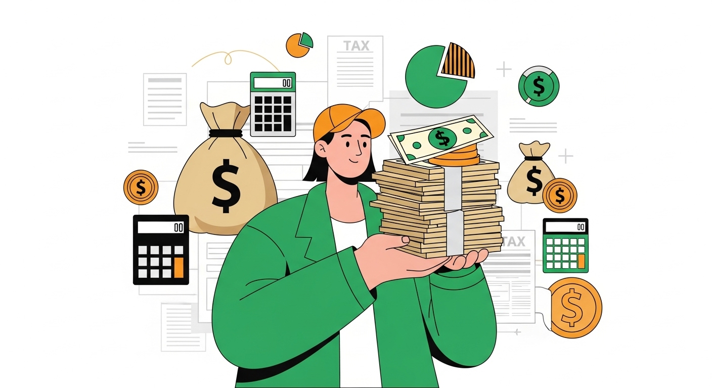 웃으며 돈다발을 들고 있는 사람이 세금 관련 서류와 금융 심볼에 둘러싸인 모습, 2025년 연말정산으로 절세에 성공한 행복한 표정.