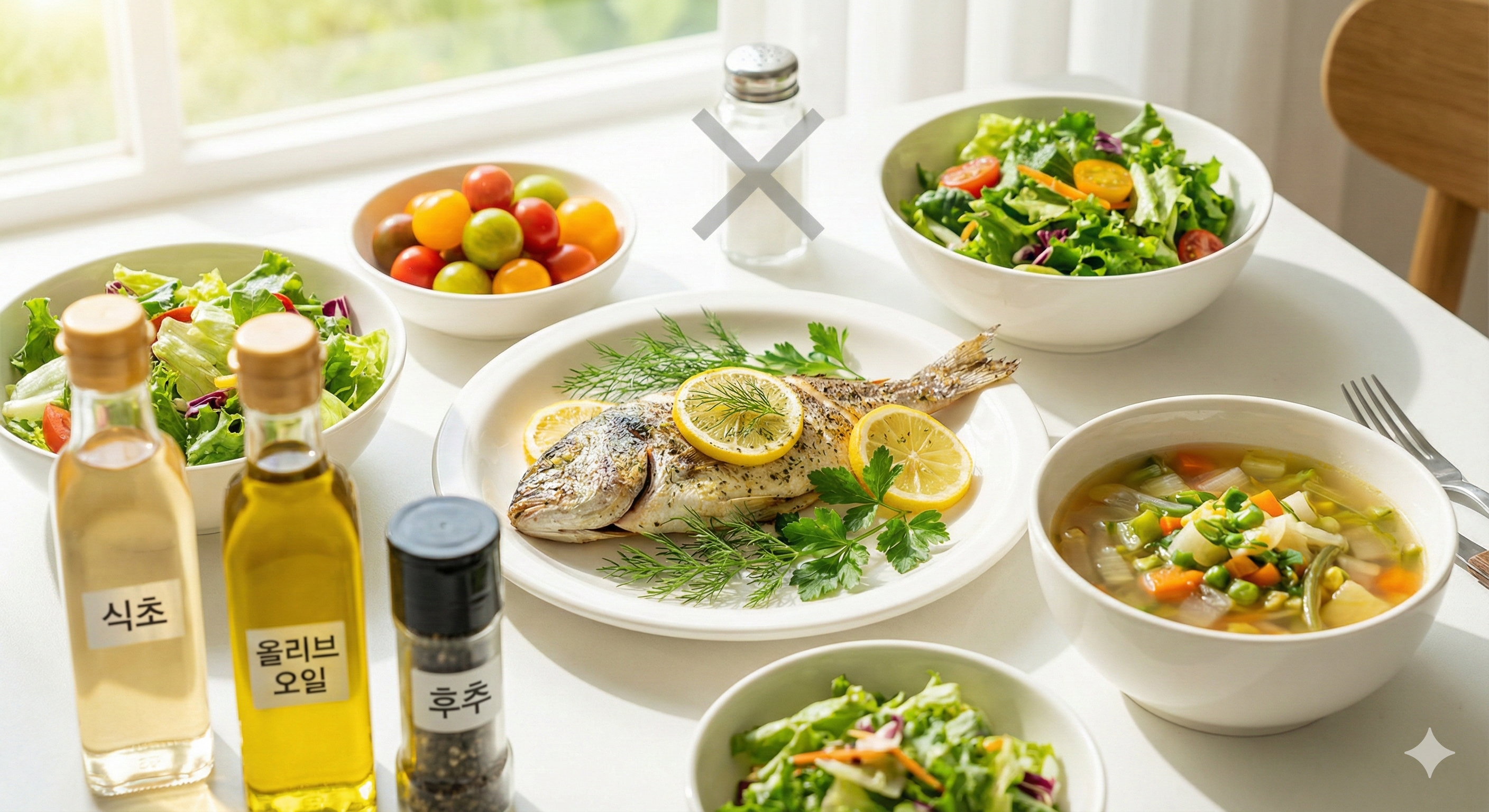 신장 건강을 위한 신선하고 다채로운 저염 식단과 밝은 분위기