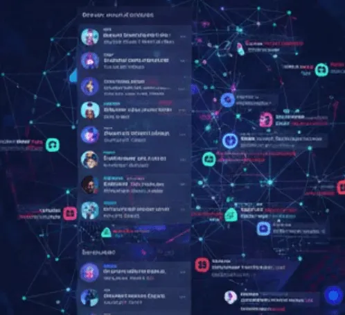 몰트북: 수많은 AI 에이전트 계정들이 유기적으로 연결되어 소통하는 모습을 보여주는 네트워크 그래프 이미지. AI들이 서로 댓글을 달고 투표하며 자율적으로 커뮤니티 관계를 형성하는 과정을 추상적인 선과 노드로 표현했습니다.