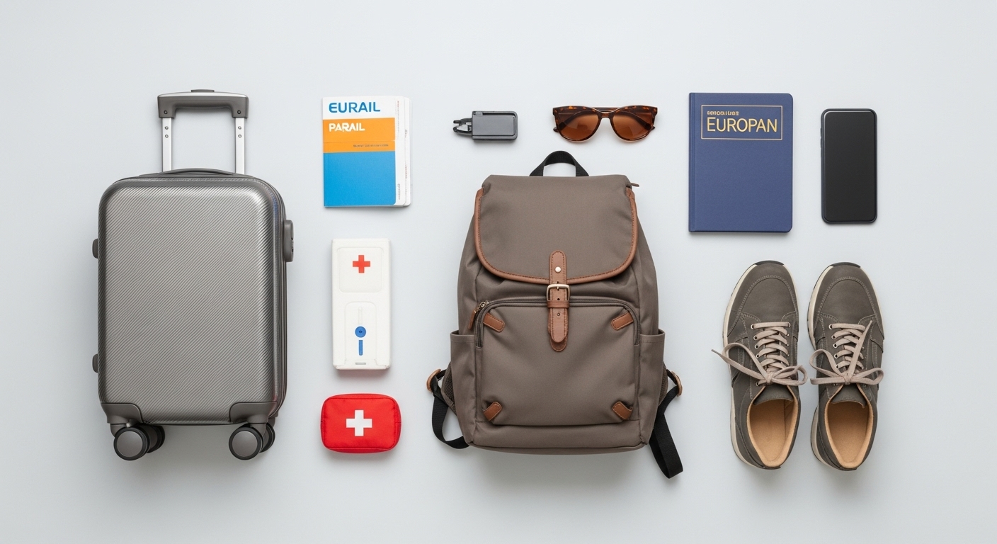 한 달 유럽 기차 여행을 위한 유레일 패스, 편안한 신발, 작은 캐리어 등 필수 준비물들이 정돈된 모습.