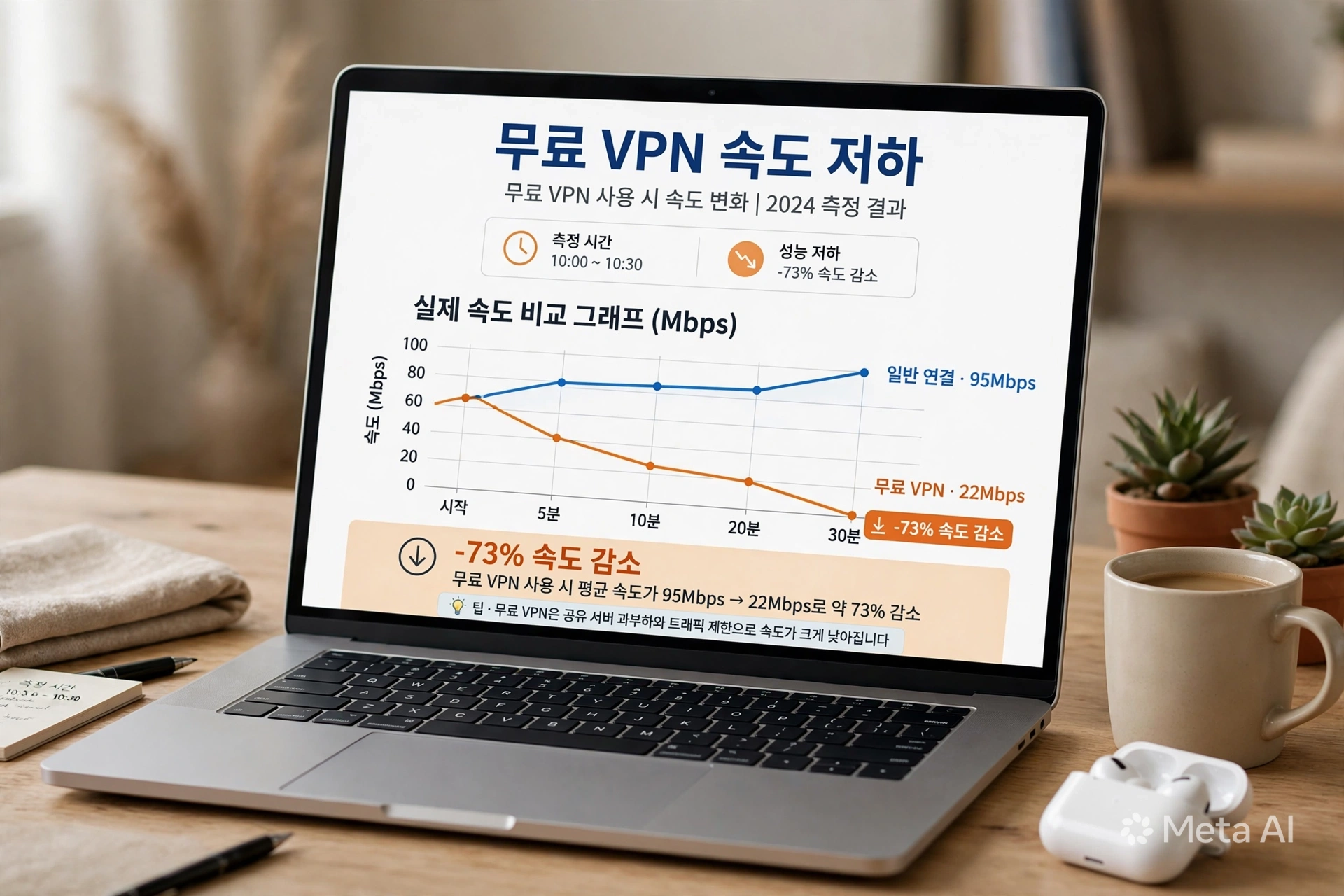 무료 VPN 사용 시 속도 저하 그래프를 노트북에서 확인하는 화면