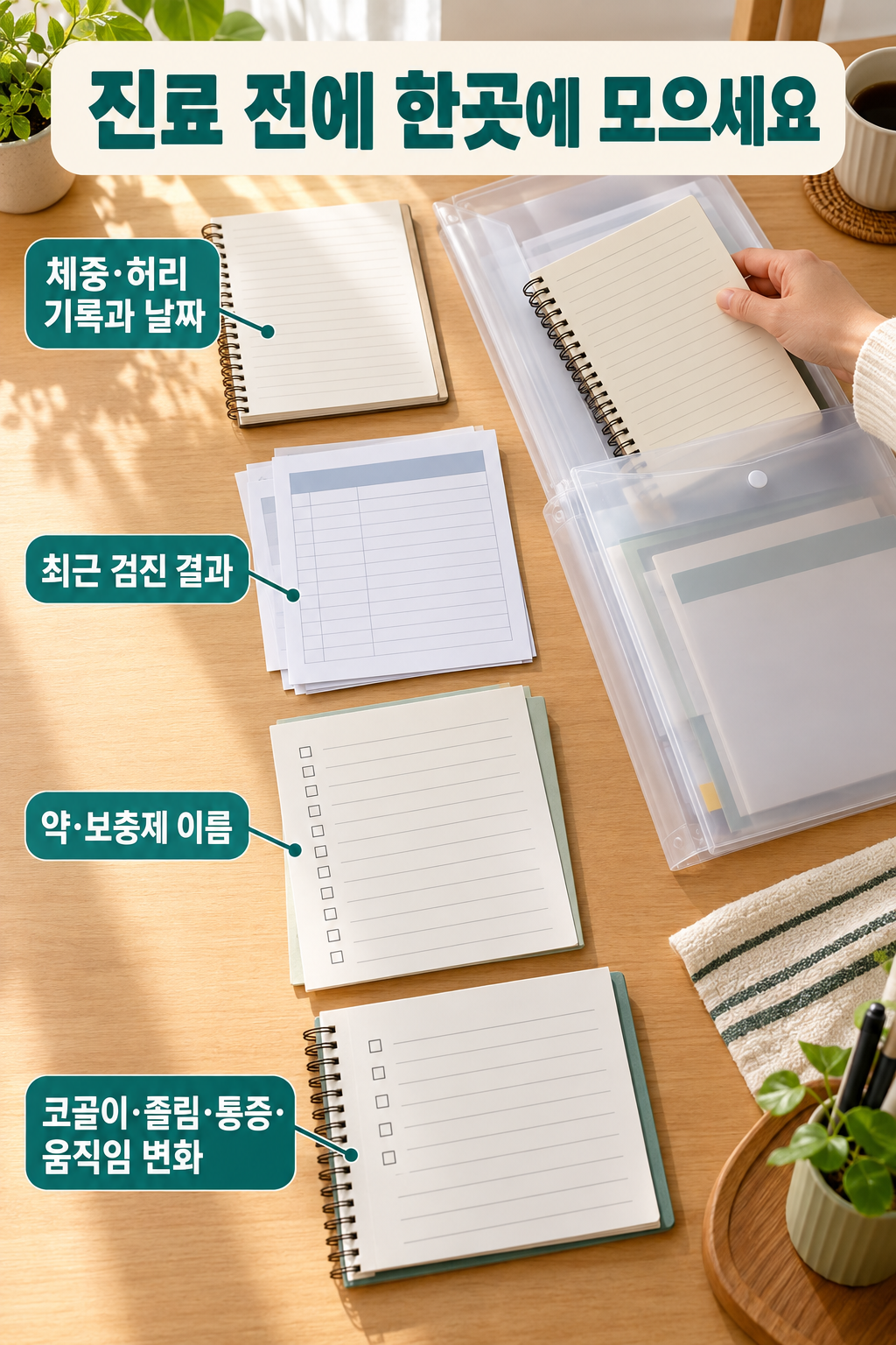 진료용 파일에 체중&middot;허리 기록과 검진 결과, 약&middot;보충제 목록, 수면과 통증 변화를 정리하는 손