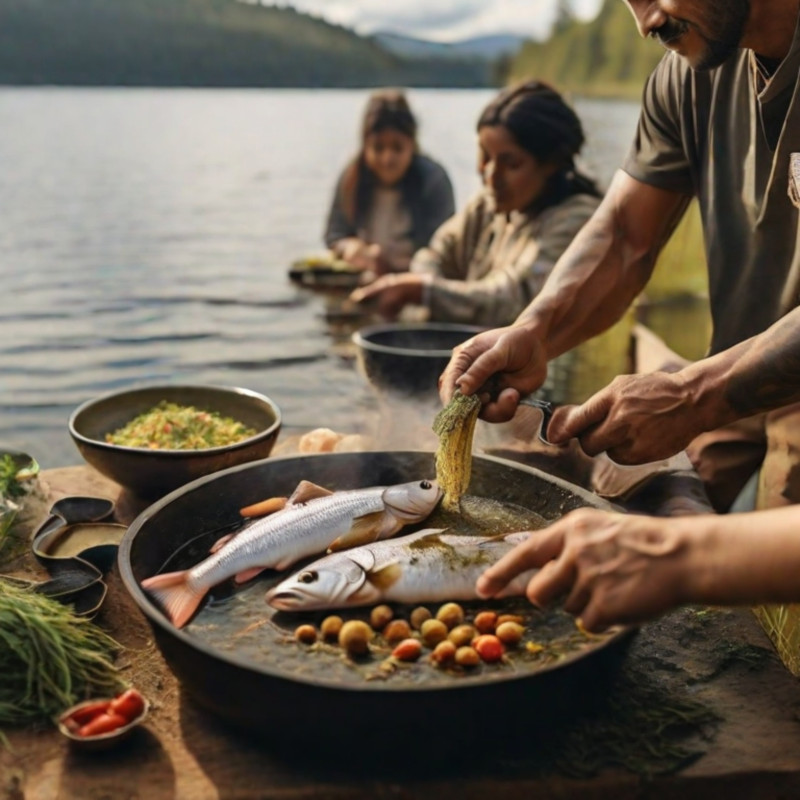A person cooking fish using various seasonings,