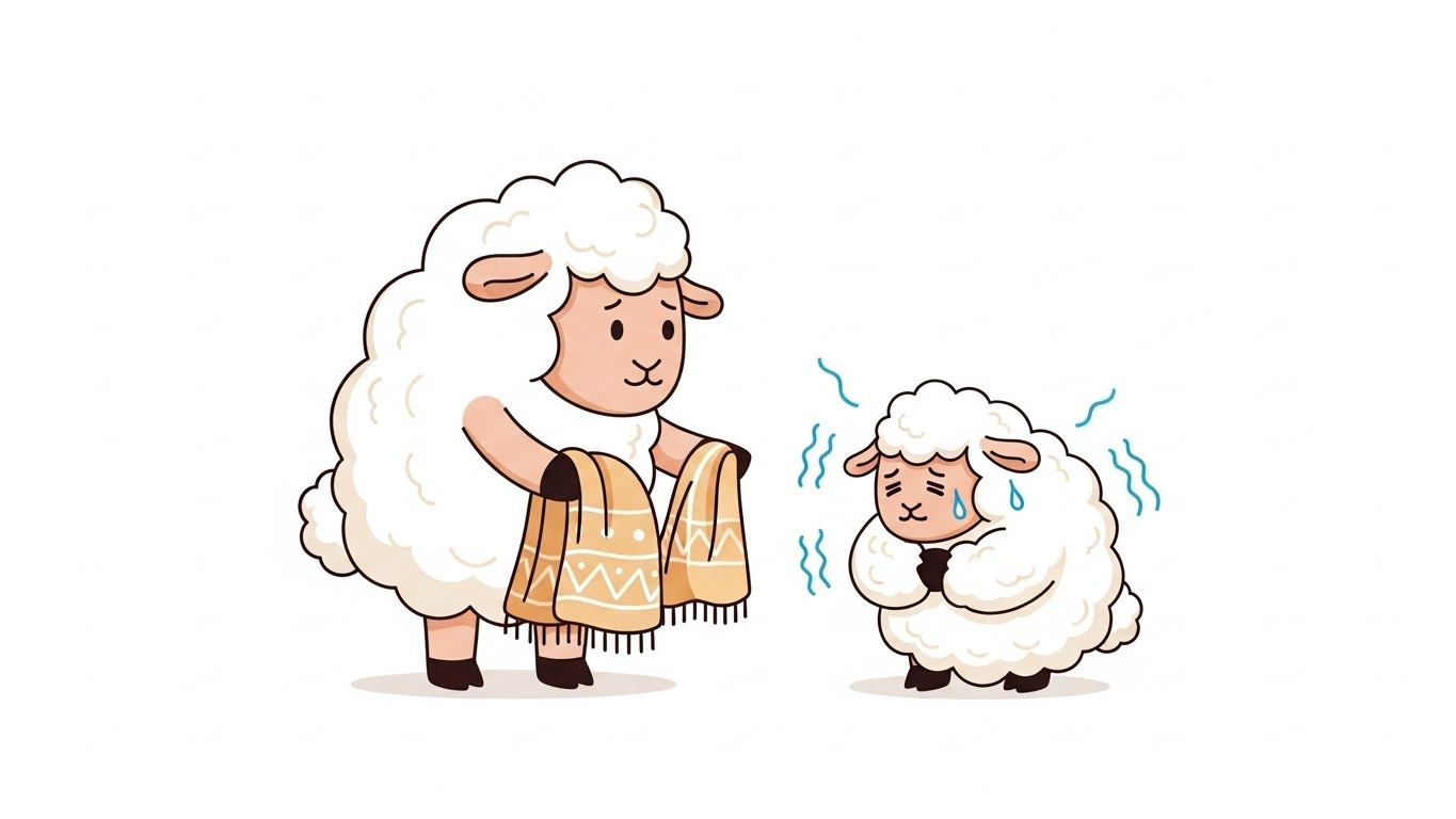 추위에 떠는 친구에게 따뜻한 담요를 덮어주는 배려심 깊은 양 캐릭터 일러스트