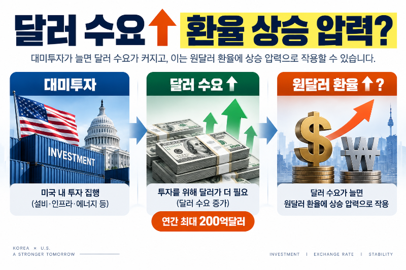 대미투자 달러 수요 증가와 원달러 환율 상승 압력 관계를 설명하는 이미지