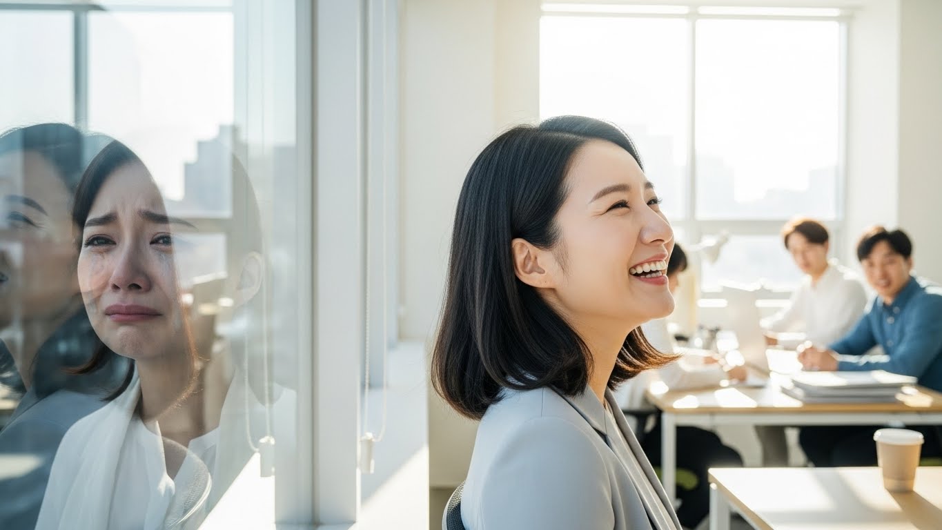 겉으로는 밝게 웃고 있지만 속으로는 우울감을 겪고 있는 가면 우울증의 시각적 비유