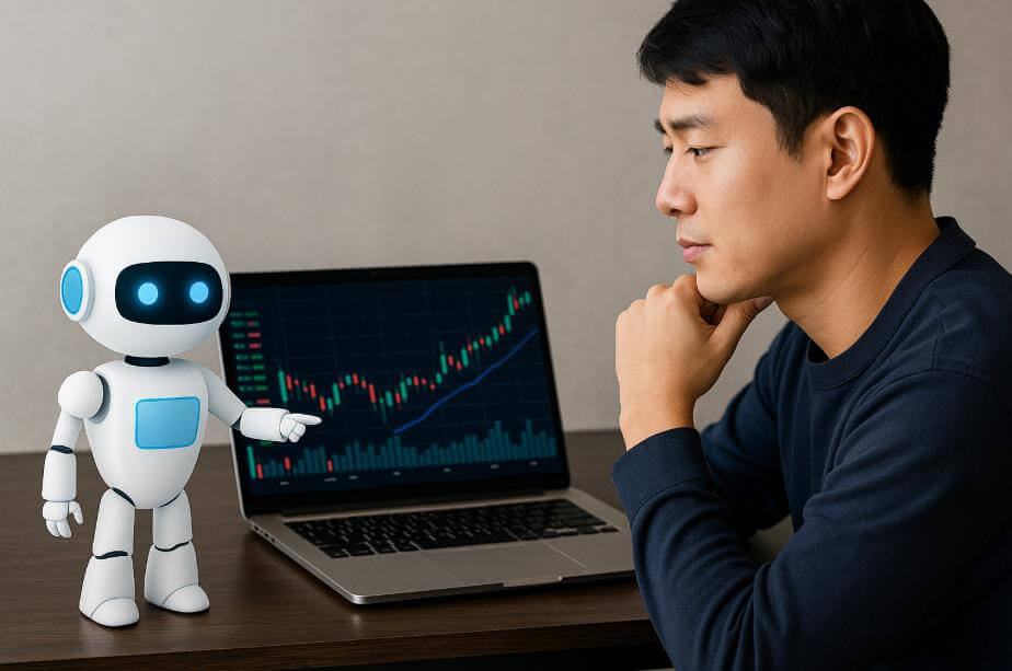 AI 로봇이 노트북 차트를 가리키고 남성이 주의 깊게 바라보는 모습.