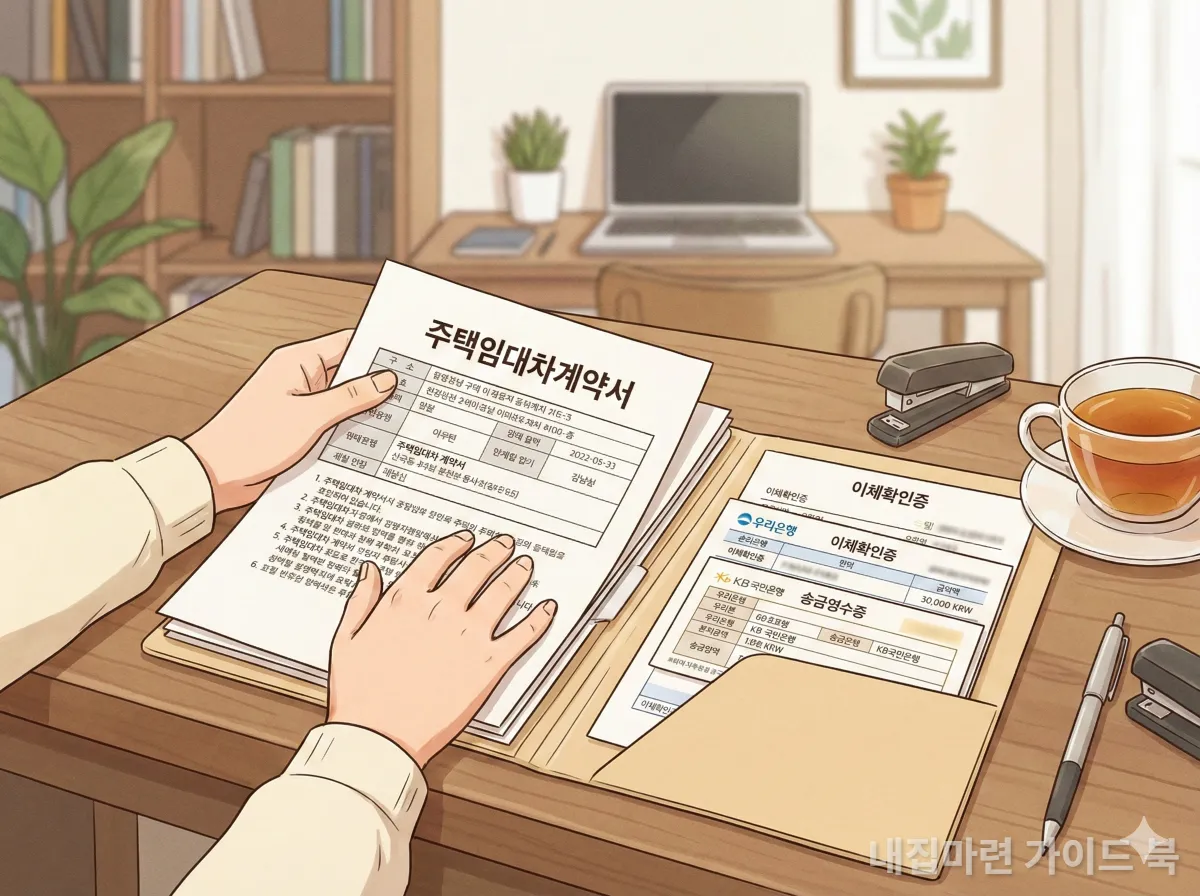 임대차 계약서와 이체 영수증 등 증거 서류를 정리하는 모습