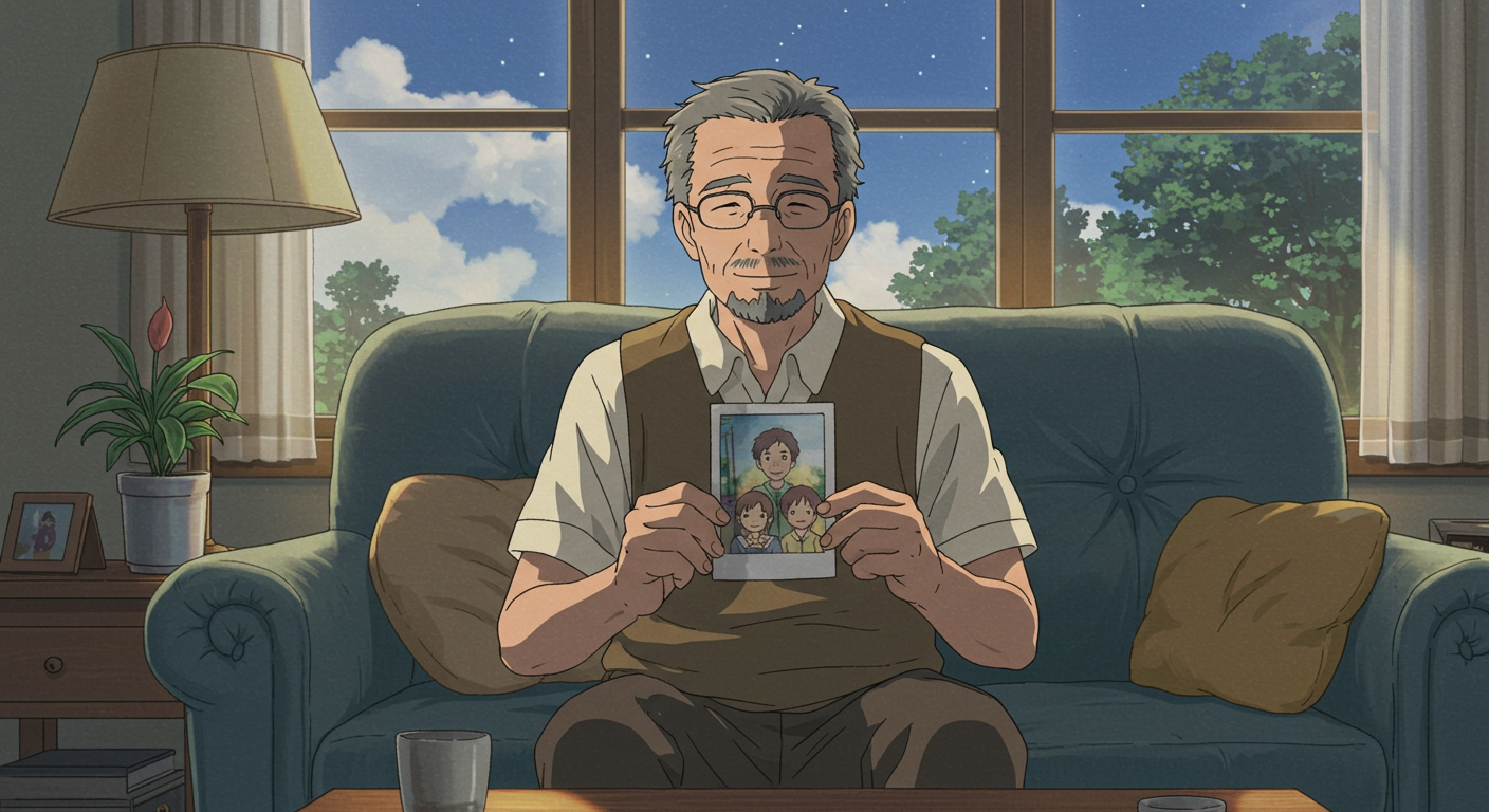 가족 사진을 바라보는 중년 남성