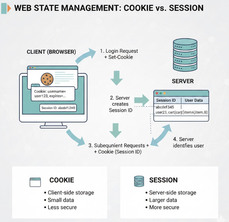 웹 상태 관리 인포그래픽: 쿠키와 세션의 작동 방식 및 주요 차이점. 클라이언트-서버 간 데이터 흐름을 시각화하여 쿠키가 브라우저에, 세션 데이터가 서버에 저장되는 과정을 보여줍니다.