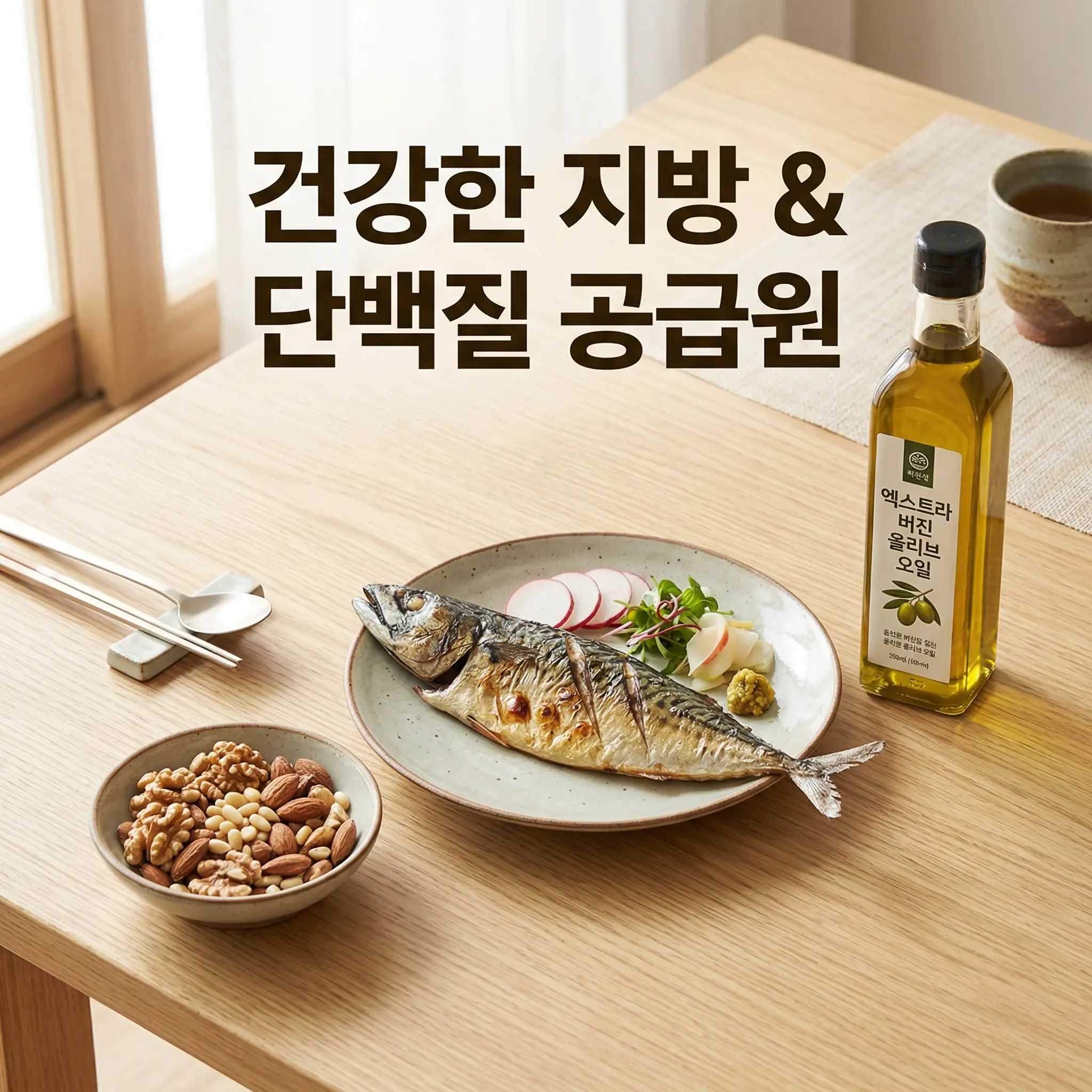 생선 요리와 견과류, 올리브유가 함께 놓인 정리형 이미지