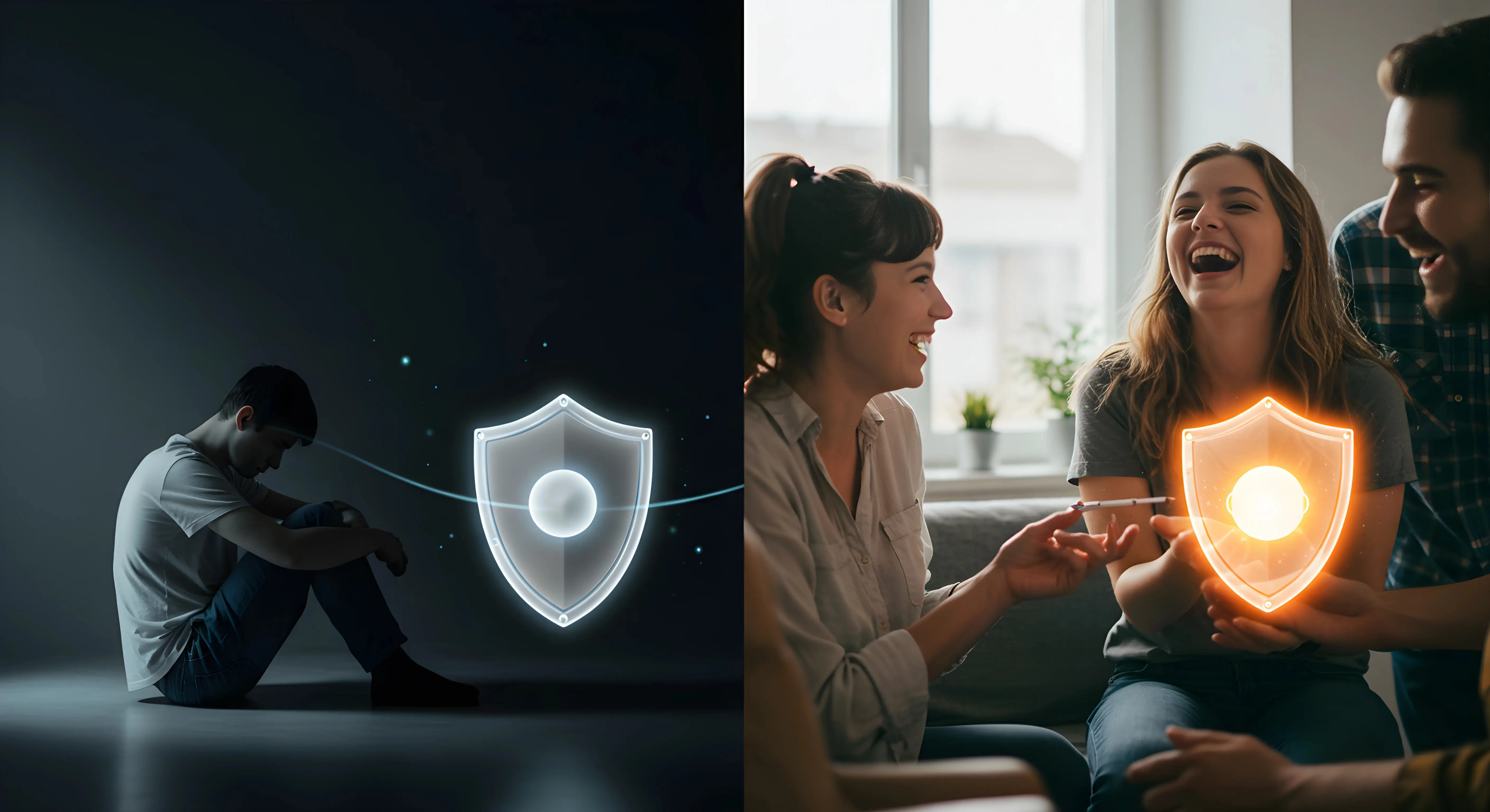 왼쪽에는 어두운 공간에서 혼자 앉아 있는 남성과 희미한 푸른색 방어막, 오른쪽에는 밝은 공간에서 친구들과 함께 웃으며 대화하는 사람들과 강하게 빛나는 황금색 방어막. 사회적 관계가 면역력에 미치는 영향을 시각적으로 표현한 이미지.