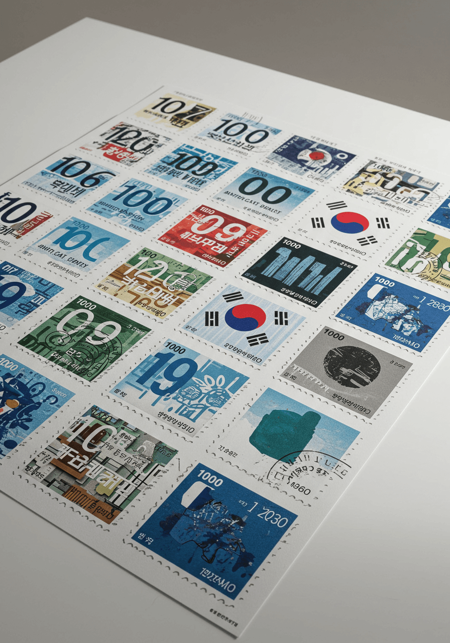 대한민국 기념우표 시트, 태극기와 다양한 기념 디자인이 포함된 우표 모음