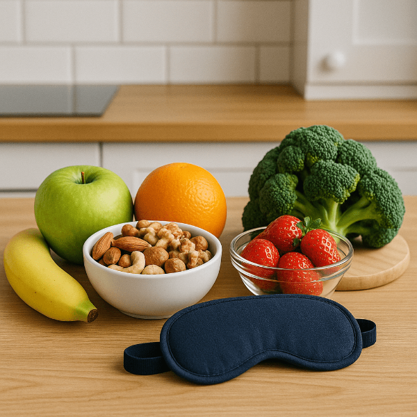 신선한 과일과 채소, 수면 마스크가 놓인 면역력 관리 식단