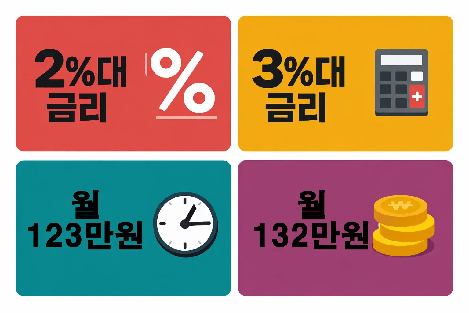 디딤돌대출 2%대와 3%대 금리 차이에 따른 3억 대출 월 상환액 123만원과 132만원 비교 이미지