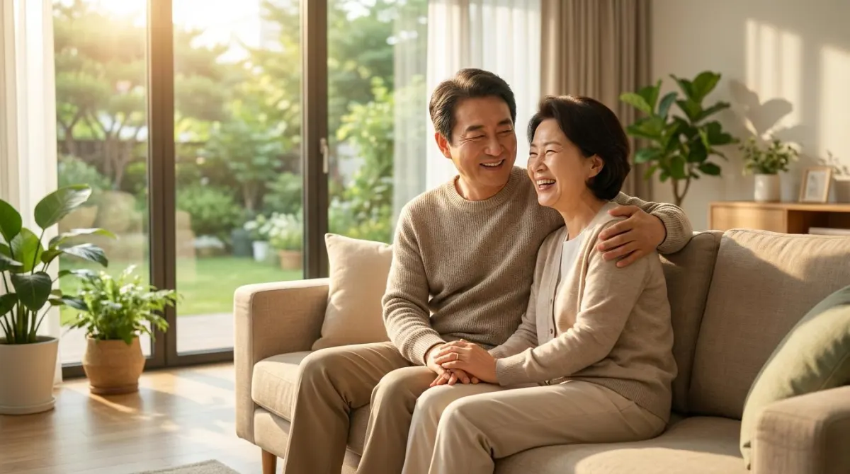 따뜻한 햇살이 들어오는 거실에서 서로를 의지하며 환하게 웃고 있는 건강하고 여유로운 모습의 5060 한국인 부부