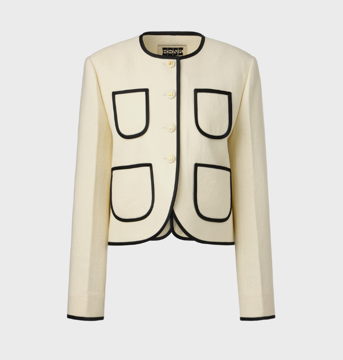 260223 김희선 인스타그램 EENK 잉크 니트 아이보리 배색 파이핑 트위드 자켓