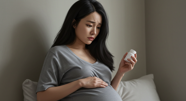 약 복용 여부로 고민하는 임산부 모습