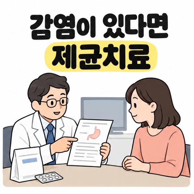 감염이 있다면 제균치료라는 문구와 약 봉투가 놓인 책상에서 검사 결과를 설명하는 의사와 여성
