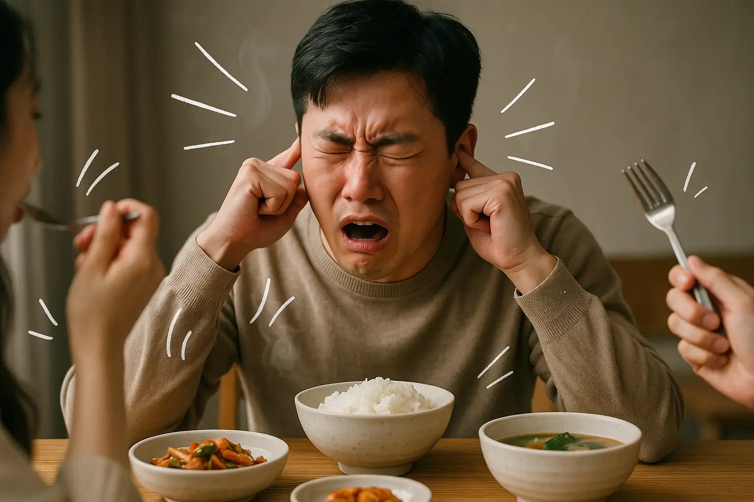 다른 사람이 음식을 씹는 소리에 예민하게 반응하며 귀를 막고 있는 남성