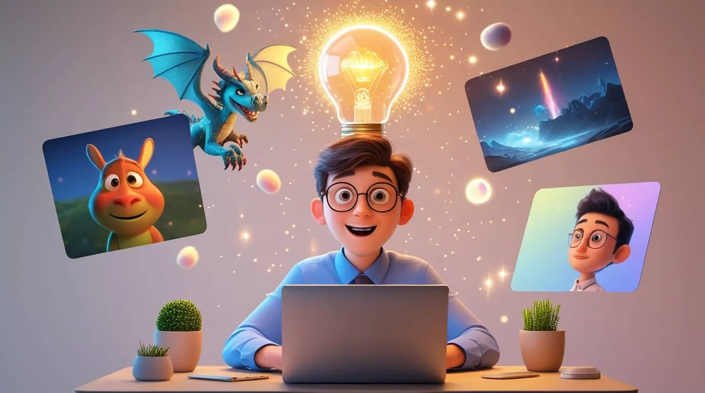 안경을 쓴 젊은 직장인이 노트북 앞에서 아이디어를 떠올리는 순간, 머리 위 전구에서 다양한 AI 생성 이미지들이 폭발하듯 떠오르는 픽사 스타일 3D 일러스트 (Pixar style 3D illustration young professional lightbulb idea explosion AI generated images dragon character portrait landscape Midjourney V7 creative inspiration digital art)