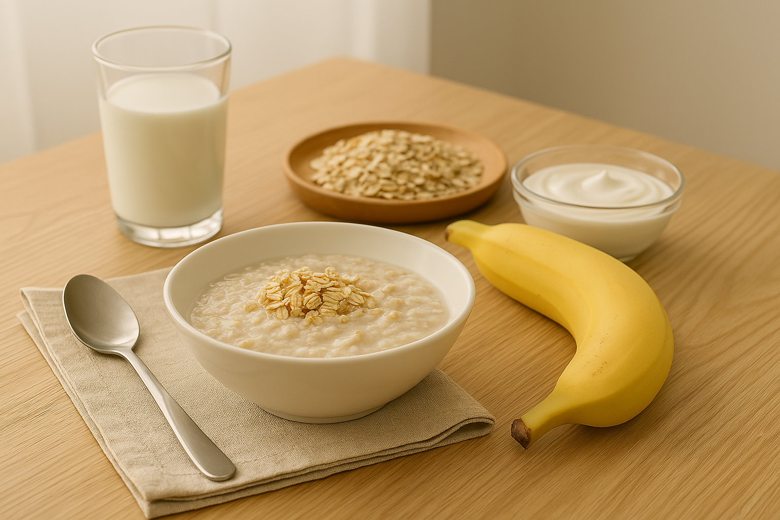장 건강을 위한 식단 루틴을 위한 상징적으로 보여주는 귀리죽 바나나 요거트가 있는 식사 테이블