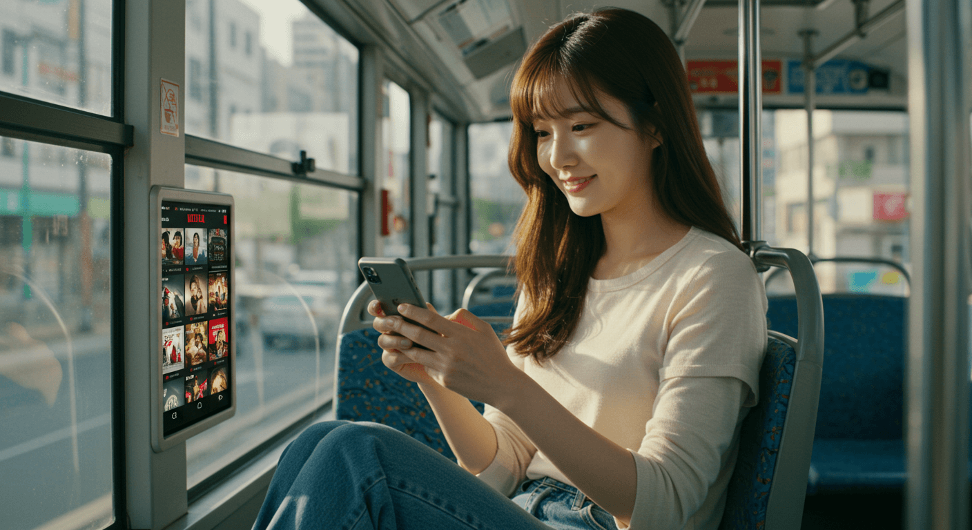 버스 안에서 넷플릭스 앱을 확인하며 할인 혜택을 누리는 모습 2