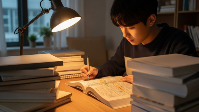 수험생이 책상에서 집중하며 공부하는 모습