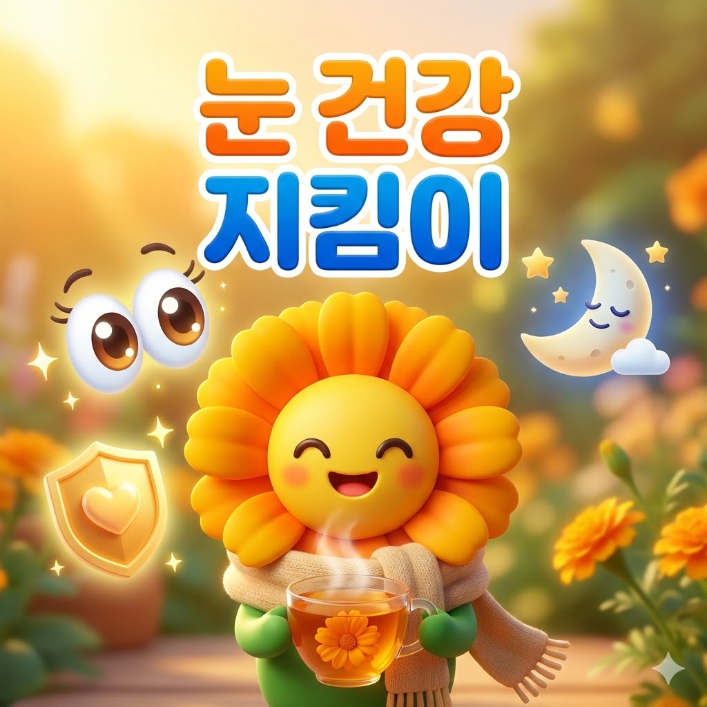 따뜻한 메리골드 꽃차를 마시고 있는 귀여운 메리골드 꽃 캐릭터와 눈 건강, 면역력, 숙면을 상징하는 아이콘들