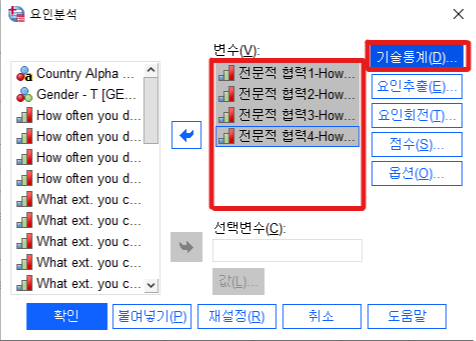 변수 투입 &gt; 기술통계 클릭