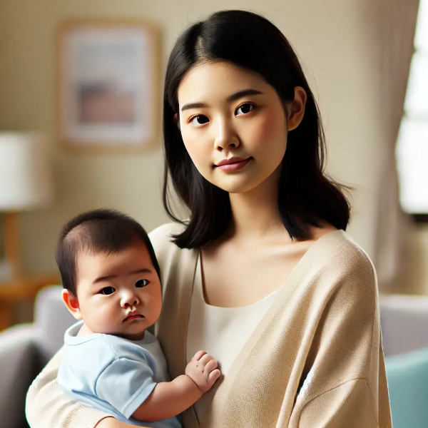 아기를 안고 집 안에서 따뜻한 미소를 짓는 동양인 청소년 한부모