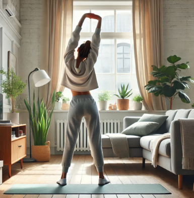 집에서 스트레칭하는 모습