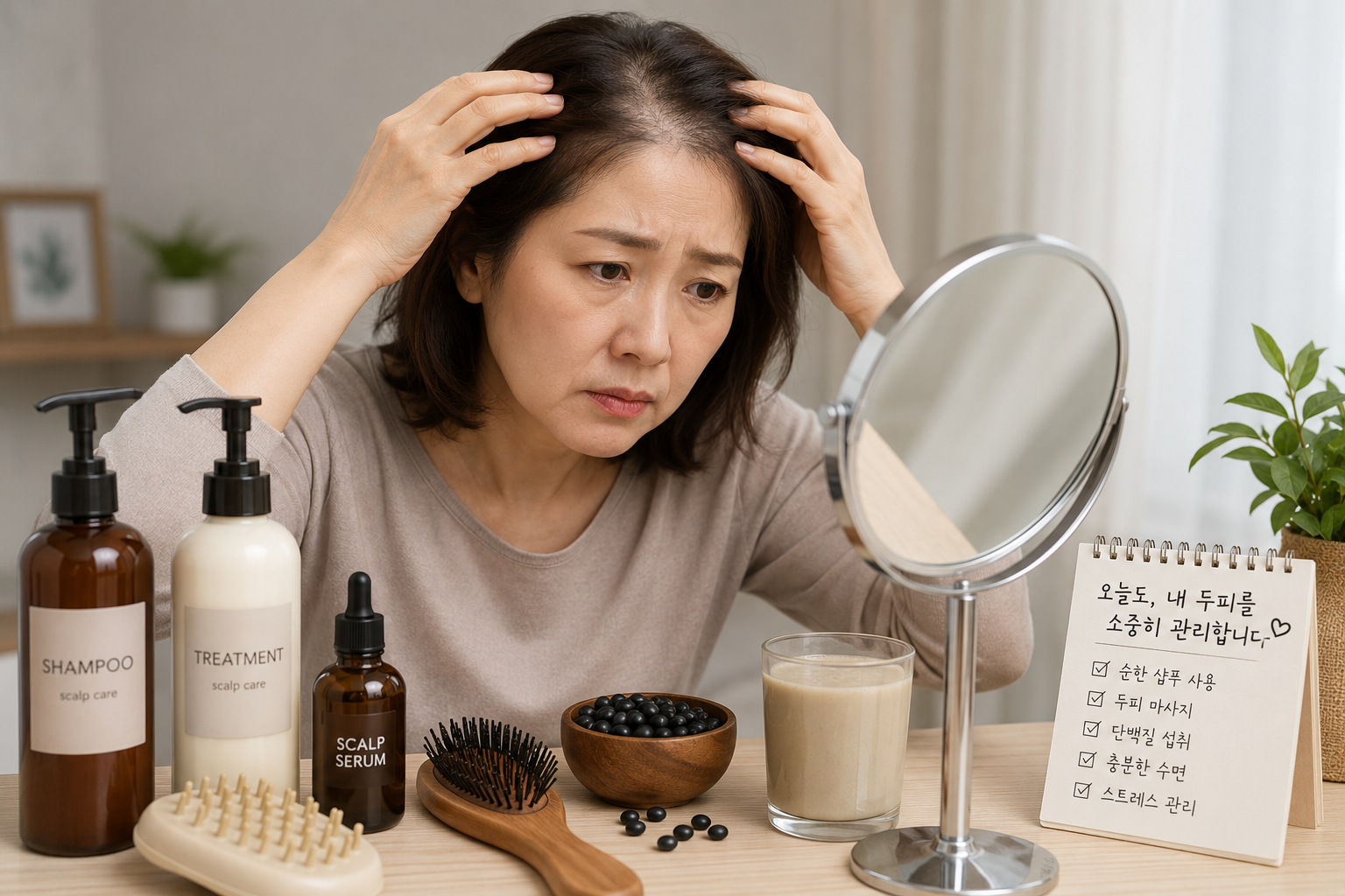 거울을 보며 두피와 머리카락 상태를 확인하는 중년 여성. 두피 샴푸와 트리트먼트, 빗, 단백질 음료를 두고 갱년기 탈모를 꾸준히 관리하는 모습.