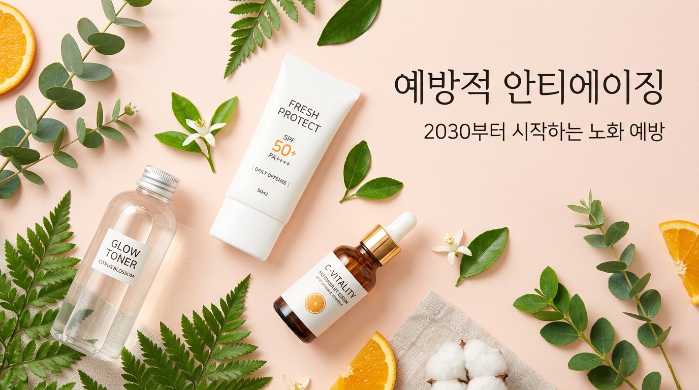 파스텔톤 배경 위에 놓인 선크림과 항산화 세럼 등 2030 프리주베네이션 필수 제품들. '예방적 안티에이징', '2030부터 시작하는 노화 예방'이라는 문구를 통해 젊은 시절부터 시작하는 조기 관리의 중요성을 시각화함.