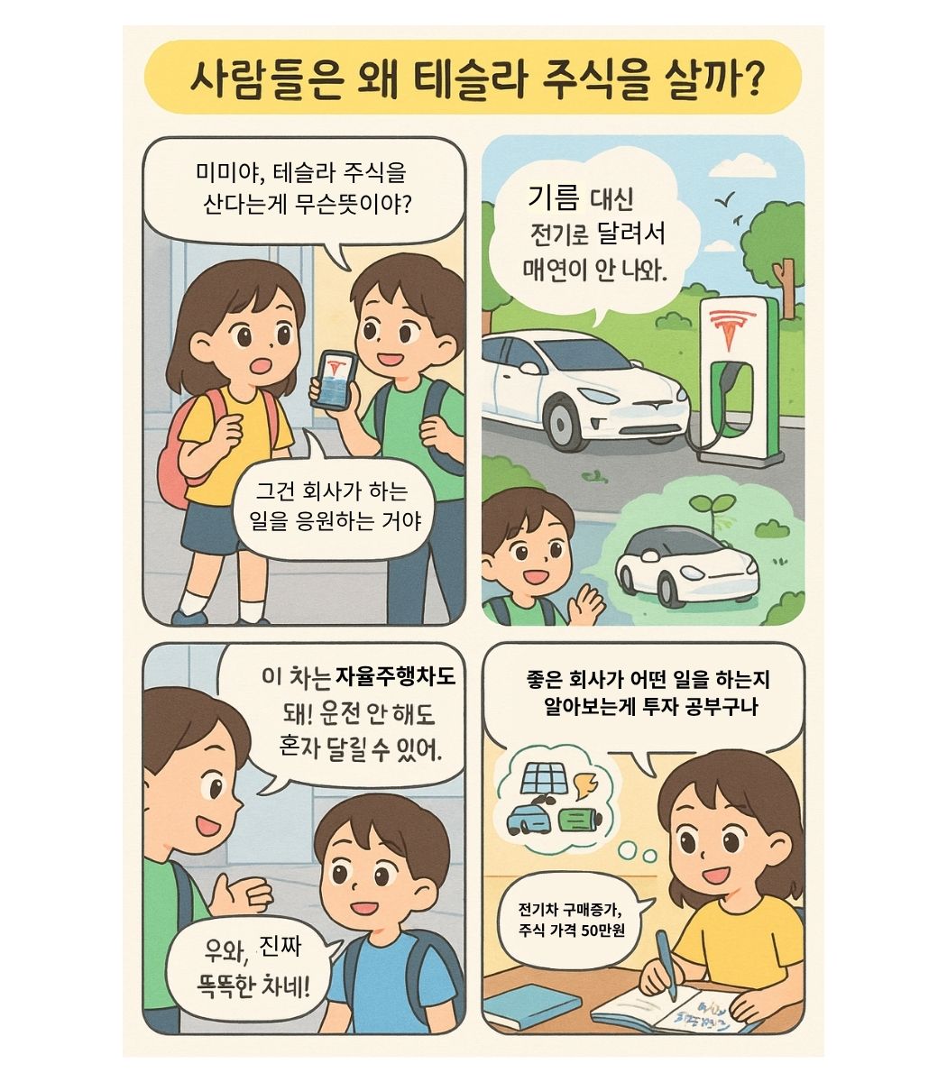 초등학생이 테슬라의 전기차와 자율주행 기술에 대해 배우고, 주식이란 회사를 응원하는 방법임을 이해하며 관찰일지를 쓰는 4컷 만화