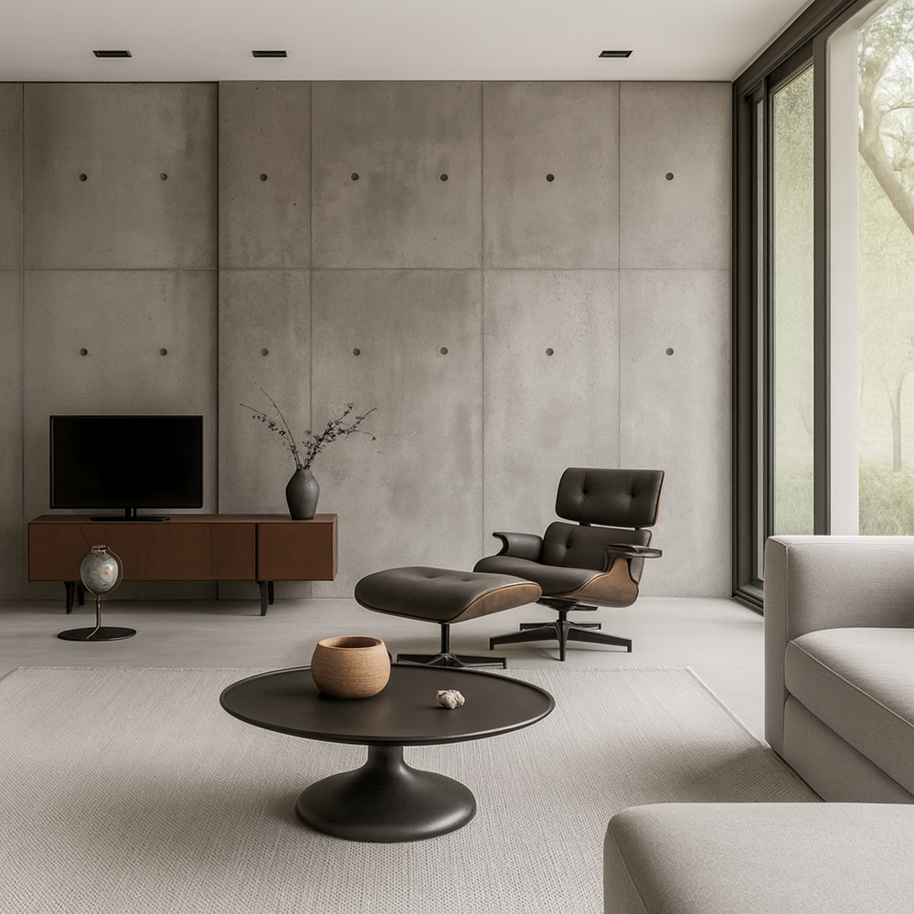 노출 콘크리트 벽과 감성적인 가구로 구성된 미니멀한 거실 인테리어 이미지